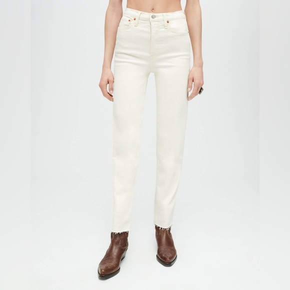 Re/Done High Rise Stove Pipe Straight Leg Jeans White Raw Hem - Picture 1 of 14
